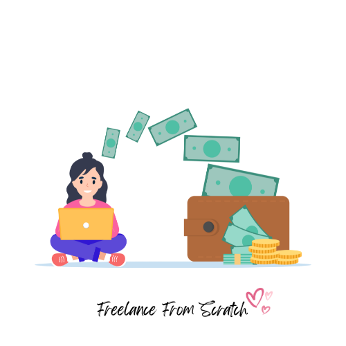 a cartoon of a woman sitting on the floor with a laptop and money flying out of her mouth